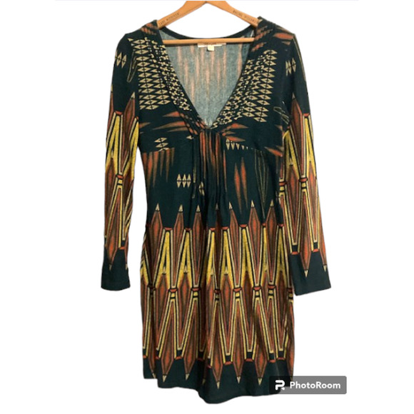 HUNTER Green & Gold Pattern V Neck Dress - Large - Picture 2 of 7